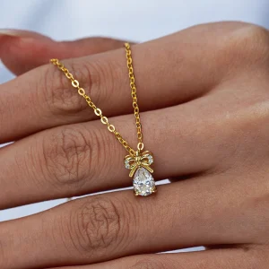 Luxury 100% Real 18k Gold Women's Bow Water Drop Diamond Pendant Moissanite Necklace