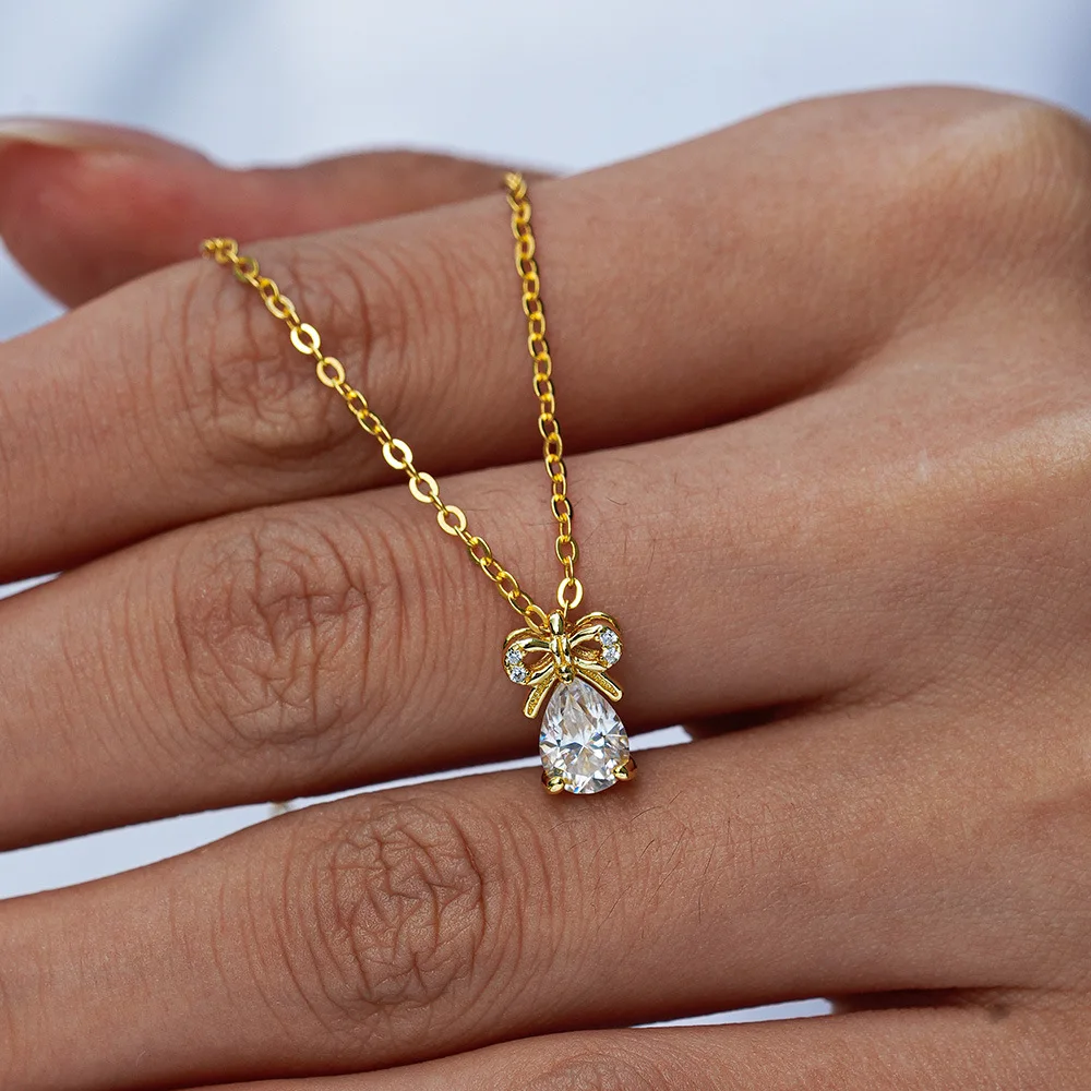 Luxury 100% Real 18k Gold Women's Bow Water Drop Diamond Pendant Moissanite Necklace
