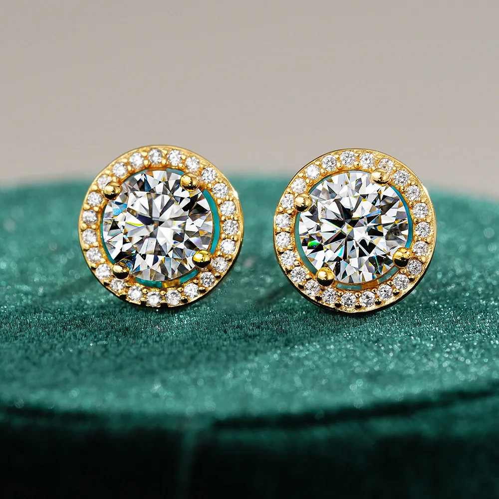 Luxury 100% Real 18k Gold Women's round diamond stud moissanite stud earrings