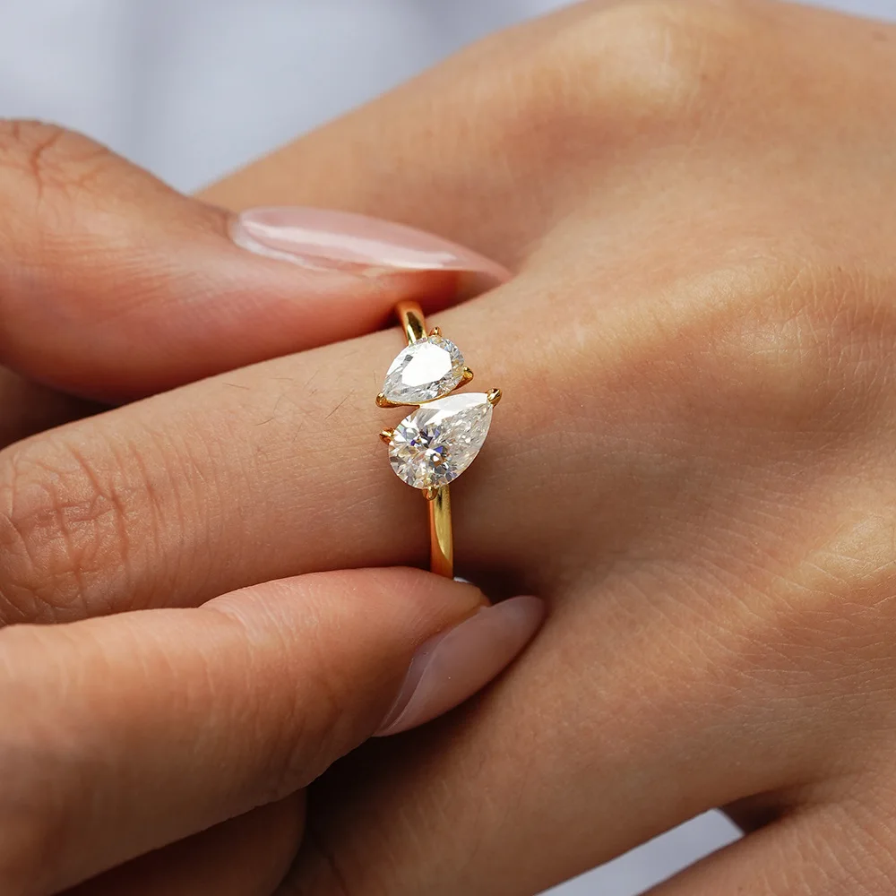 Luxury 100% Real 18k Gold Women's 1.5 karat Moissanite Double Diamond Ring Square Water Drop Ring