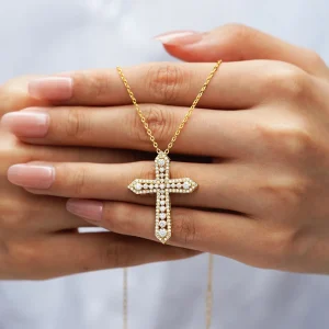 Luxury 100% Real 18k Gold Women's Fashion Full Diamond Moissanite Cross Necklace Clavicle Chain