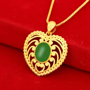 Luxury 24K 9999 Pure Gold real gold Women's Gold Inlaid Jade Love Pendant Fashion Emerald Clavicle Chain